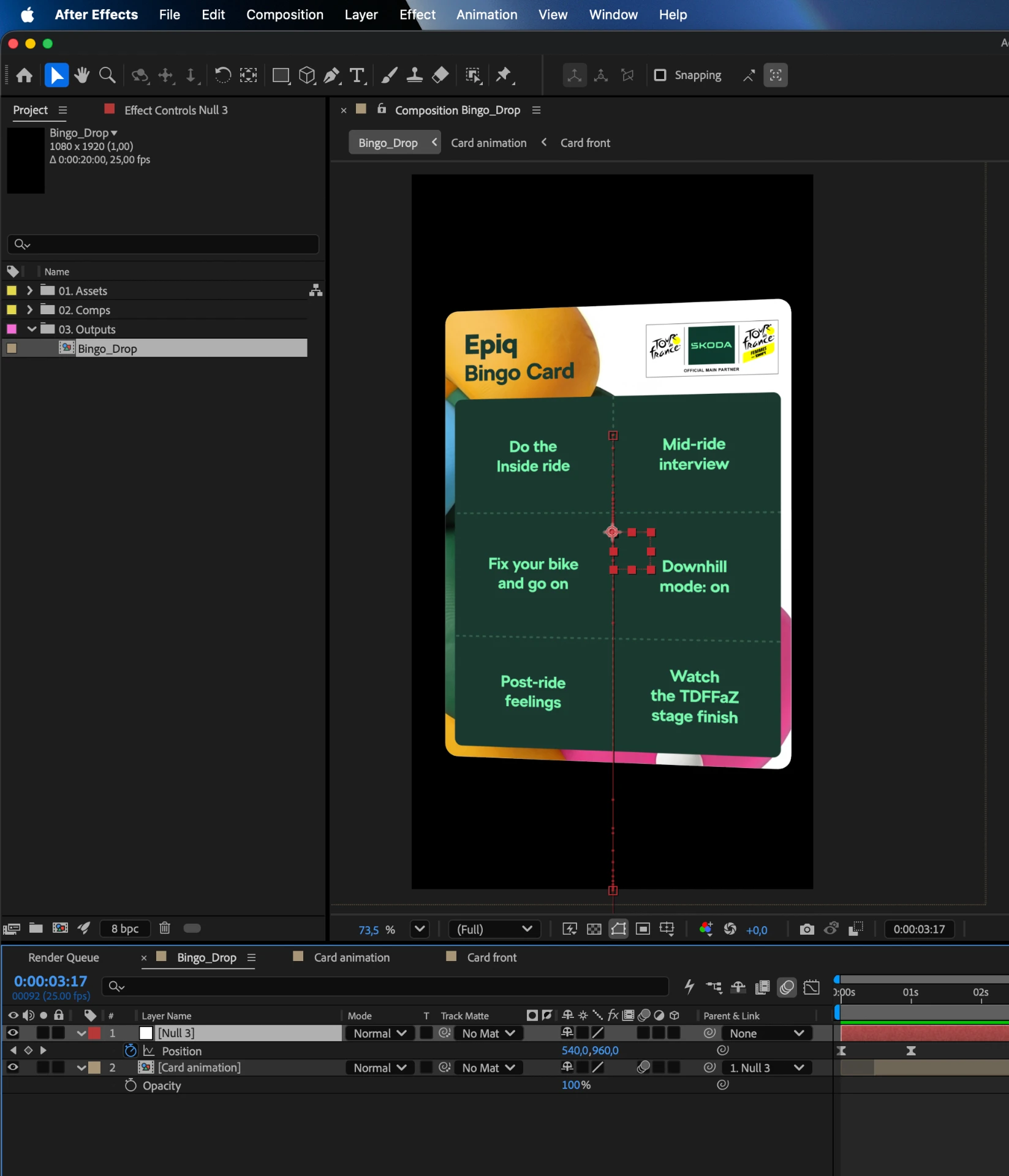 After Effects timeline animating the EPIQ Bingo card — production assets prepared in advance of Stage 1