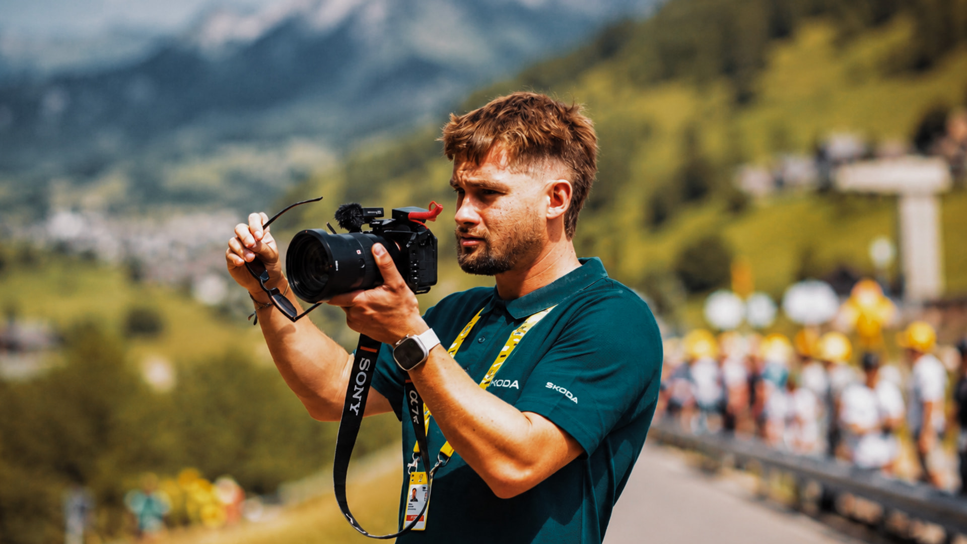 Martin Malina shooting on location during a mountain stage of the Tour de France